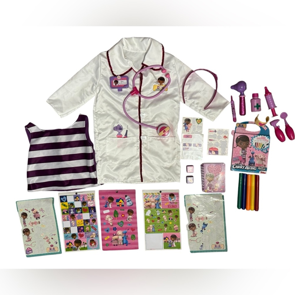 HUGE Doc McStuffins Bundle lab coat Dr tools headband stickers Book of Boos +++